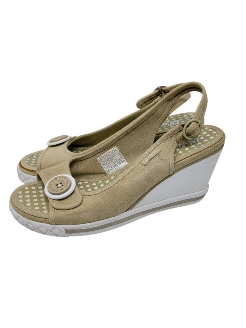 Skechers Canvas Wedge Sandals Slingback Peep Toe Heel Twee Tan Womens Size 8 Y2K